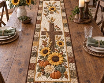 Rustic Sunflower Cross Quilted Table Runner, Fall Harvest Dining Decor