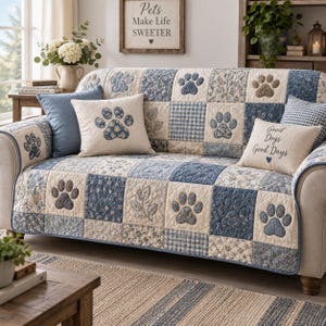 May include: A quilted sofa cover featuring a patchwork design in shades of blue, cream, and white. The pattern includes repeating paw prints, floral motifs, and gingham checks. Two decorative pillows are included, one with a paw print and one with the text Good Dogs Good Days.