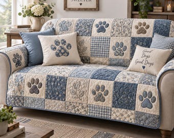 Blue Dog Paw Patchwork Quilted Couch Cover, Pet Furniture Throw