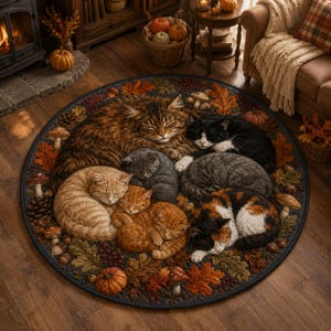 May include: A round rug featuring a detailed illustration of seven cats sleeping in a pile, surrounded by autumn elements including orange maple leaves, brown pinecones, small mushrooms, and pumpkins on a dark gray background.