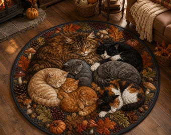 Sleeping Cats Round Rug, Cozy Fall Kitten Area Rug Decor