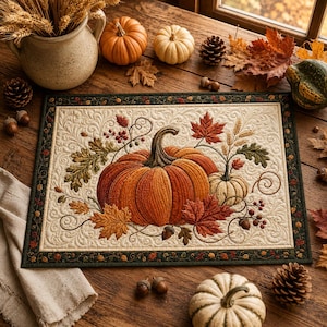 May include: A rectangular fabric placemat featuring a central quilted design of a large orange pumpkin surrounded by smaller white pumpkins, autumn leaves, and berries. The placemat has a cream-colored background with intricate swirling stitching.