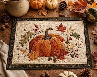 Quilted Autumn Pumpkin Placemat, Thanksgiving Harvest Table Mat