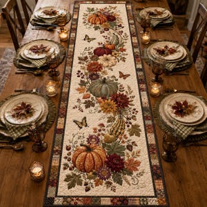 May include: A long rectangular table runner featuring a cream-coloured centre with a printed design of pumpkins, gourds, autumn leaves, flowers, and butterflies. The runner has a dark patchwork border and is centred on a wooden dining table.