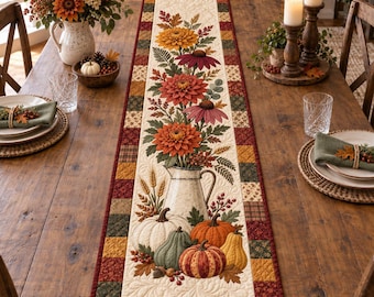 Fall Floral Pitcher Quilted Table Runner, Autumn Pumpkin Dining Decor