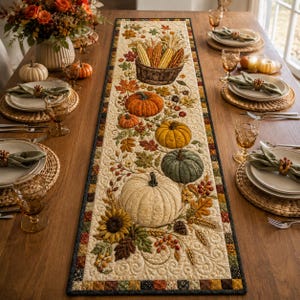 May include: A rectangular fabric table runner featuring a quilted design with a central motif of a woven basket filled with corn, surrounded by various pumpkins in orange, yellow, green, and white, autumn leaves, sunflowers, and wheat stalks.