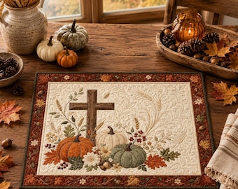 May include: A rectangular fabric placemat featuring a quilted design with a central wooden cross, pumpkins in orange, white, and green, and autumn foliage. The border is dark brown with a pattern of leaves, acorns, and small flowers.