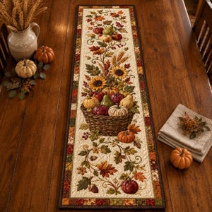 Puede incluir: Un camino de mesa acolchado rectangular que presenta una cesta tejida central llena de calabazas, peras y girasoles. El camino está decorado con un patrón otoñal de hojas coloridas, bellotas y bayas sobre un fondo de color crema.