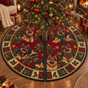 May include: A round Christmas tree skirt featuring a red quilted center with four German Shepherd dogs lying down. The dogs wear festive accessories including a plaid bow tie, a green scarf, a red collar with a bell, and a plaid bandana. The border has a plaid pattern with holly leaves, berries, and pinecones.
