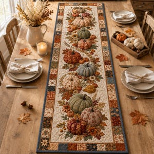 May include: A rectangular quilted table runner featuring a central pattern of fabric pumpkins and autumn leaves in shades of orange, green, and brown, bordered by a patchwork design of small squares in coordinating fall colours and patterns.