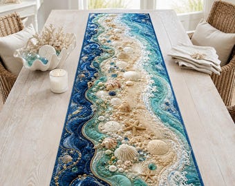 Ocean Wave Beach House Table Runner, Coastal Seashell Starfish Dining Decor