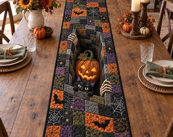 Halloween Skeleton Pumpkin Quilted Table Runner, Spooky Dining Decor