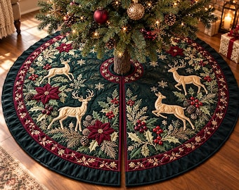 May include: A circular dark green Christmas tree skirt featuring embroidered golden deer, red poinsettia flowers, holly leaves, and pinecones. The border is a deep red band with gold leaf embroidery, and the fabric has a quilted texture throughout.