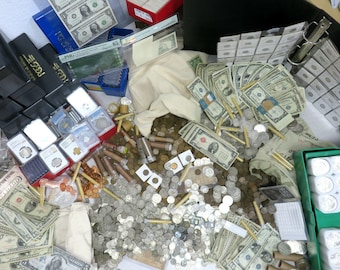 May include: A large collection of US currency, coins, and coin collecting supplies.  The collection includes rolls of coins, bags of coins, coin albums, and a variety of other items.  The collection is spread out on a table and includes a variety of denominations of US currency.