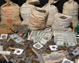 May include: A large collection of vintage coins and paper money, including US currency, spread out on a table. The coins are in various denominations and conditions, and the paper money includes bills from different banks and eras. There are also several cloth bags with the names of different banks printed on them.
