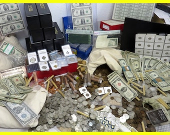May include: A large collection of coins and paper money, including US currency, silver coins, and gold coins. The coins are in various denominations and are organized in bags, tubes, and coin albums. There are also several stacks of paper money, including bills in denominations of $1, $5, $10, and $20.