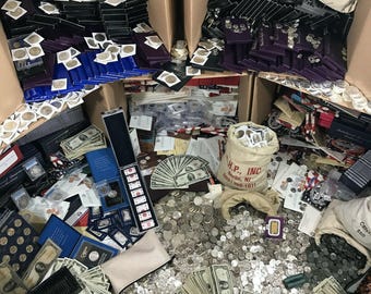 May include: A large collection of coins, currency, and other numismatic items in various denominations and conditions. The items are organized in boxes, bags, and stacks. Some of the items are in protective cases. The image includes a bag labeled "$1000" and another bag labeled "HP, INC."