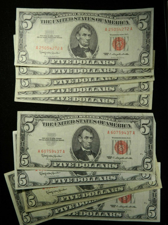 Lot of 5 Five Dollar Lincoln Red Seal Dollars Certificate Old Estate Money  Lot 1953 1963 