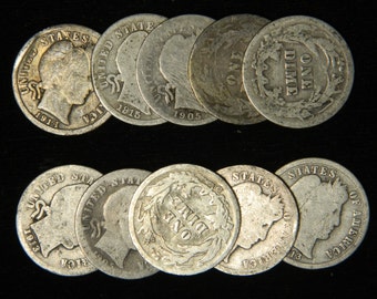 Lots of 5 Barber Dimes 1892-1916, 90% Silver Coin Lot , Circulated Cull Lot, Choose How Many Lots