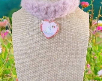 Fluffy pink choker with swan heart pendant | Pastel jewelry | Fairycore choker | Crochet necklace