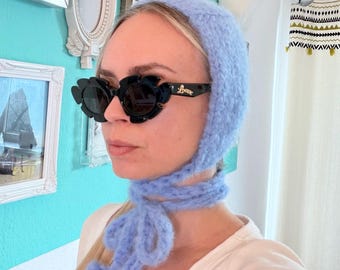 Fluffy knit bonnet for women | Tie-on balaclava