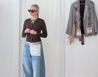 Crochet tie accessory | Boho waistband | Lace apron with rose