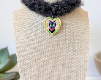 Kitty Choker • Necklace with Cat Pendant • Colorful Cat • Polymer Clay Art • Cute Cat Fairy Choker • Kawaii Cat • Heart Necklace