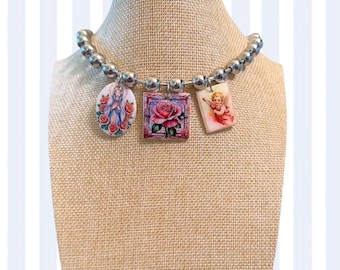 Necklace with colorful charms | Necklace with rose, Mary & Angel