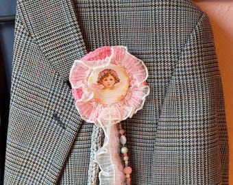 Crocheted brooch | Handmade prize ribbon with angel motif | Boho brooch with tassels & beads