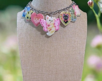 Kitty Charm Necklace • Necklace with polymer clay pendants • Colorful cat necklace