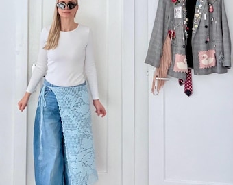 Filet Crochet Wrap Skirt, Light Blue | Hand-crocheted Apron with Flowers