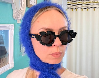 Fluffy knitted bonnet | Handmade blue hooded hat |