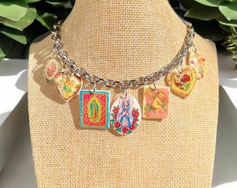 Colorful statement necklace with Holy Mary charms