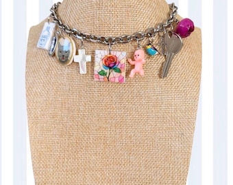 Necklace with colorful pendants | Statement necklace with rose charm