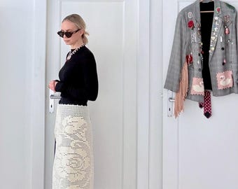 Lace wrap skirt with tie detail | Hand-crocheted apron with roses