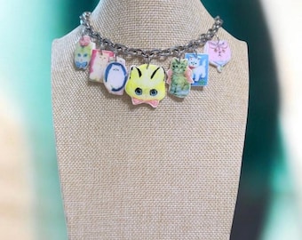 Kitty Charm Necklace • Necklace with polymer clay pendants • Colorful cat necklace • Handmade kawaii jewelry • Stainless steel chain with cat