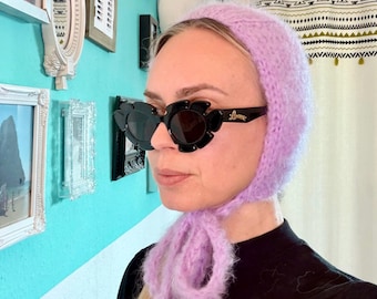 Fluffy knitted bonnet for women – soft winter hat, hand-knitted fashion accessory, tie-on balaclava