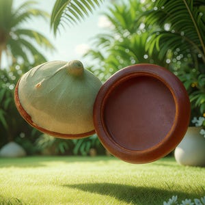 Puede incluir: Un objeto verde claro, texturizado con un borde marrón, junto a un objeto circular marrón con un interior marrón. Los objetos parecen flotar sobre un césped, con un fondo de follaje verde y palmeras.