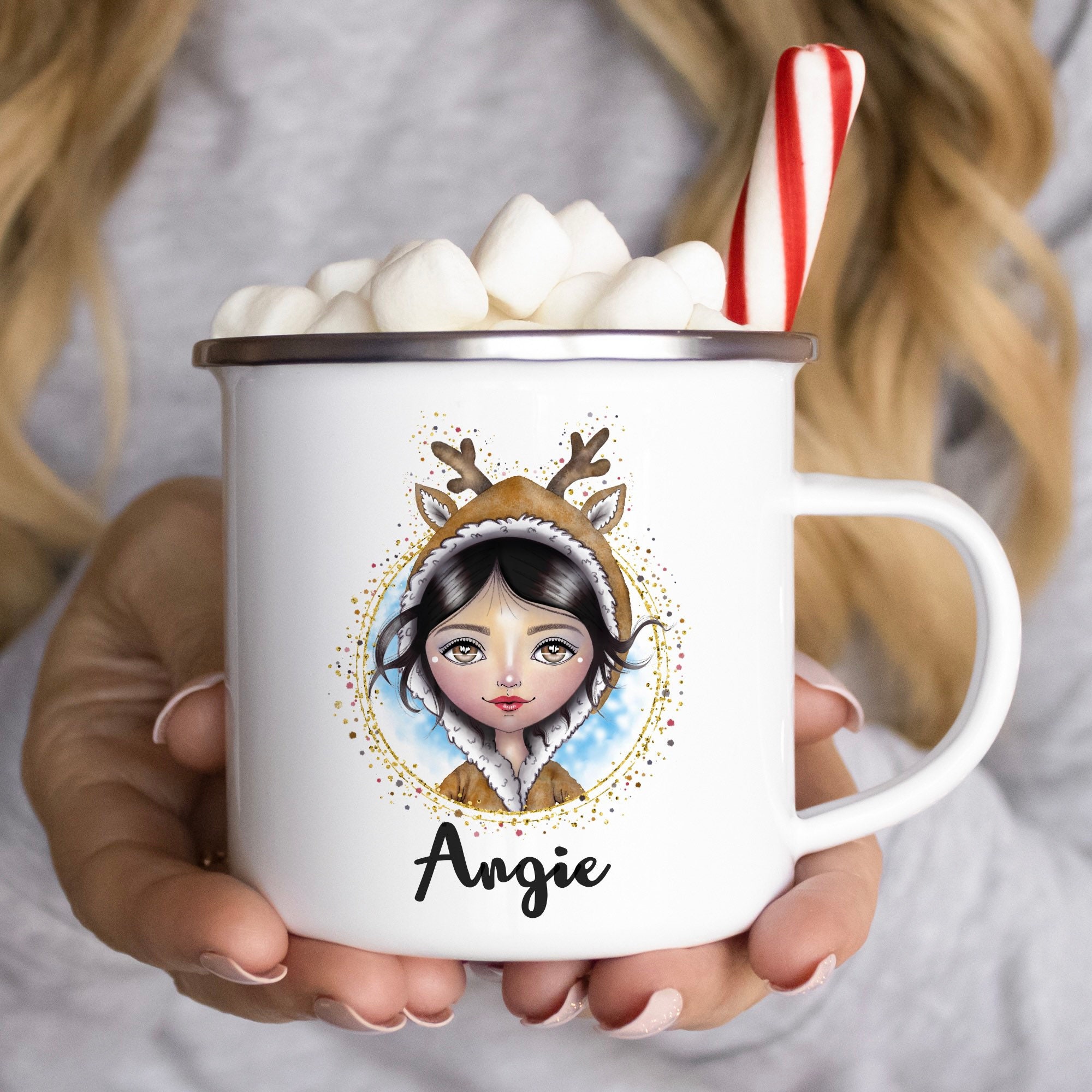 Cadeaux de Noël Personnalisés, Tasses Mignonnes Pour Femmes, Mug Anime, Oreilles Renne, Camping Enfa