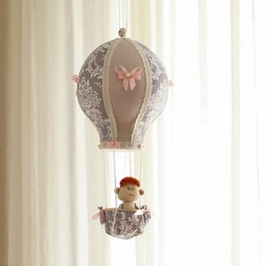 Neutral Nursery Grey Hot Air Balloon Travel Baby Mobile, Baby Shower Gift from Aunt, Adventure Nursery Decor with lace, Girl Baptism Gifts