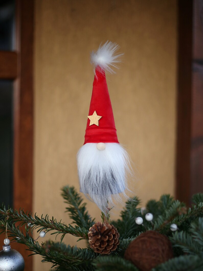 Handmade Gnome Christmas Tree Topper, Swedish Tomte Christmas Decor