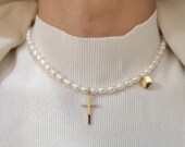 Pearl Necklace, Cross Necklace, Love Necklace, Natural pearl, Gold Cross Necklace, Pearl Choker, Cross Choker, Gift for Mom, Gift for her