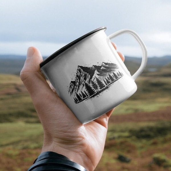 Mountain + Trees Camping Mug - Outdoor Coffee Cup, Best Gift for Nature Lovers, Adventure Enthusiasts, Travelers, Backpackers, and Hikers!