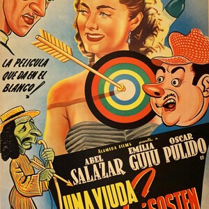 May include: Vintage movie poster with cartoon illustrations. A woman is the central figure, with an arrow through a target on her chest. The poster features text in Spanish, with several caricatured characters and a bottle with a skull.
