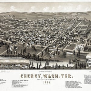 Pode incluir: Um mapa detalhado em preto e branco de Cheney, Washington, de 1884, com uma vista panorâmica. O mapa inclui Cheney College e uma lista de empresas e pontos de referência. A imagem é uma impressão histórica.
