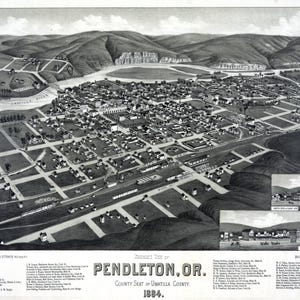Peut inclure: Illustration vintage en noir et blanc de Pendleton, Oregon, datant de 1884. La carte détaillée montre l'agencement de la ville, les bâtiments, les rues et le paysage environnant, y compris une rivière et des collines. Le titre "Pendleton, OR" est bien visible.