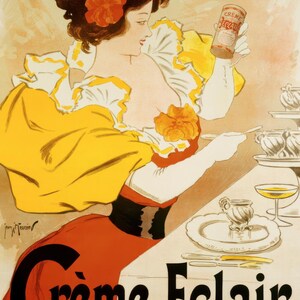 May include: Vintage poster advertising Crème Eclair. A woman in a yellow and red dress holds a can of Crème Eclair. The poster features the text "Crème Eclair" and "Entremets Exquis Instantané".