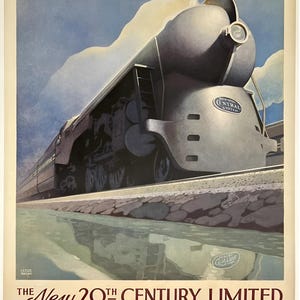 Puede incluir: Arte de cartel vintage del tren 20th Century Limited del New York Central System. El tren plateado aerodinámico se representa contra un cielo azul con nubes. El texto del cartel dice "New York - 16 horas - Chicago."