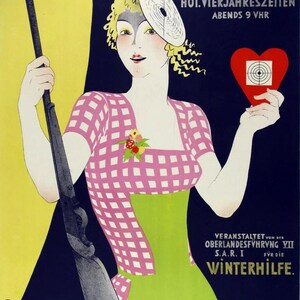 May include: Vintage poster advertising "Die Jahrmarkts Orgel" event. It features a woman in a pink and green dress holding a rifle and a heart-shaped target. The poster includes text in German, with the date "16.JAN.34."