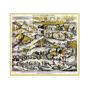 May include: An antique print titled "The Pilgrims Progress" with a yellow border. The image depicts a detailed, stylized map with various scenes and figures in black and yellow. Text at the top reads "The Pilgrims Progress". The bottom text describes the journey.